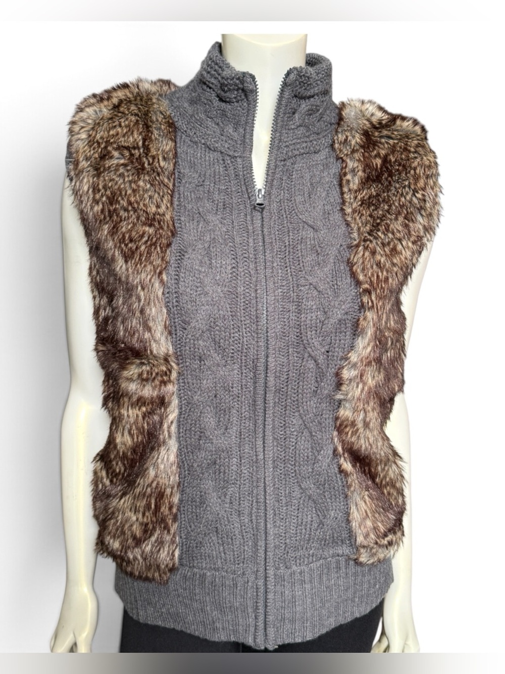 Romeo & Juliet Couture Gray Cable Knit Zip Vest with Brown Faux Fur Panels